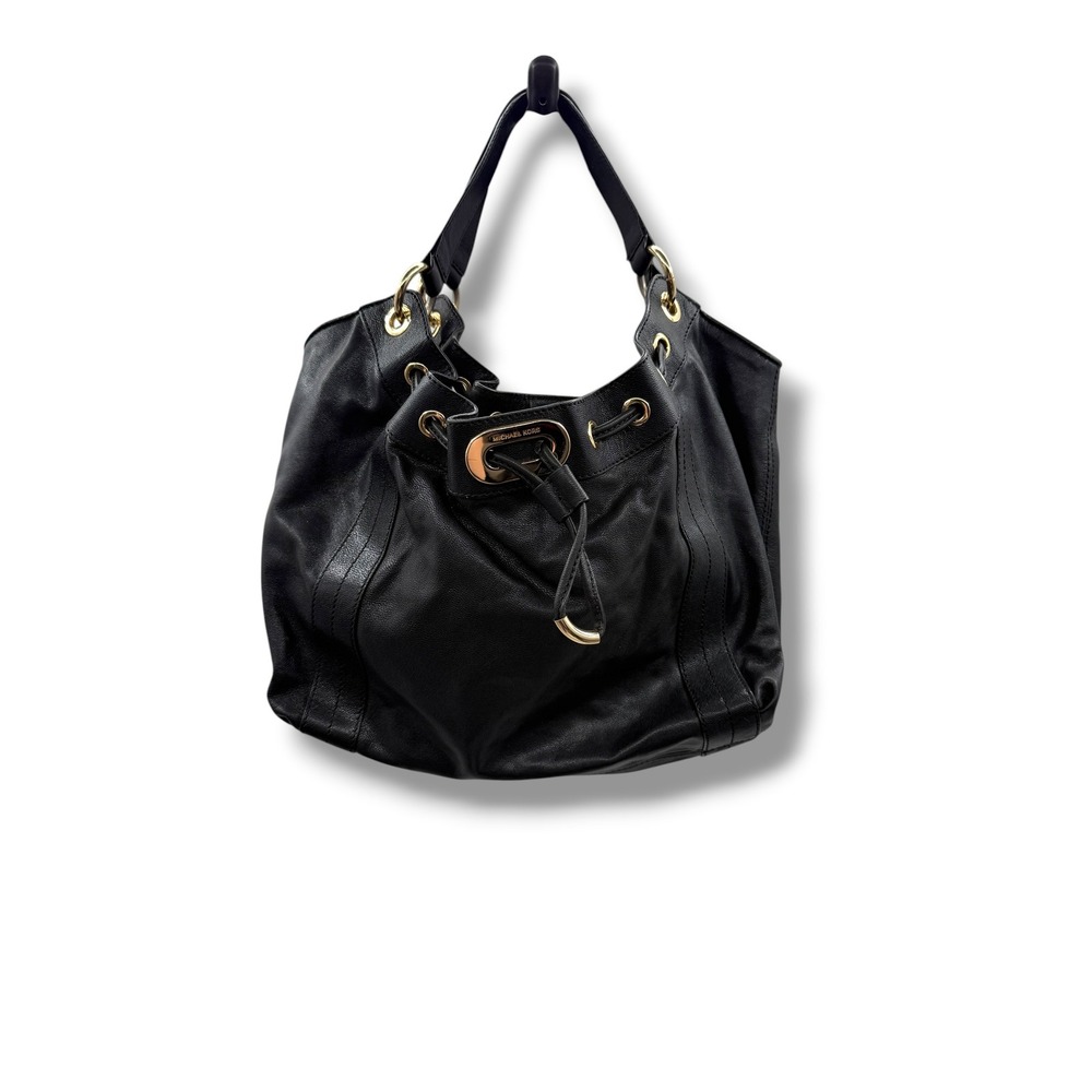 Michael Kors Black Pebbled Leather Hobo Bag Large Gold Hardware Drawstring Y2K